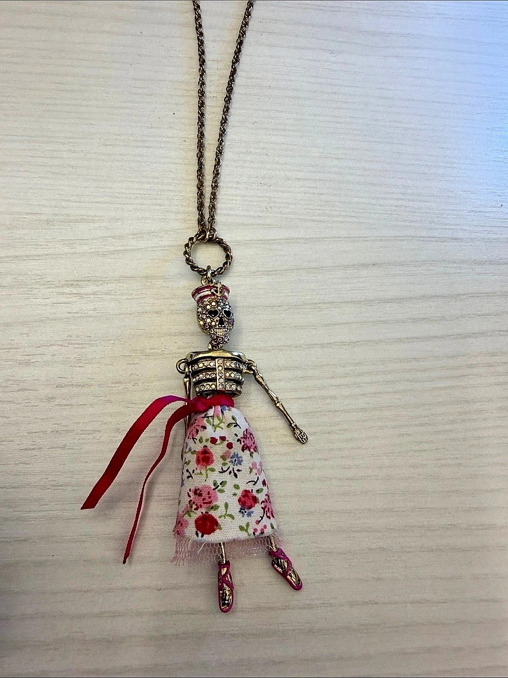 Betsey Johnson Skeleton Doll Ballerina Pendant Necklace Gold & Pink